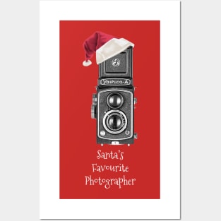 Christmas Vintage Camera with Santa hat - Favourite Photographer - White Text Posters and Art